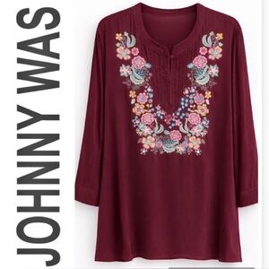 Johnny Was Embroidered V-Neck Tunic Top - Wine